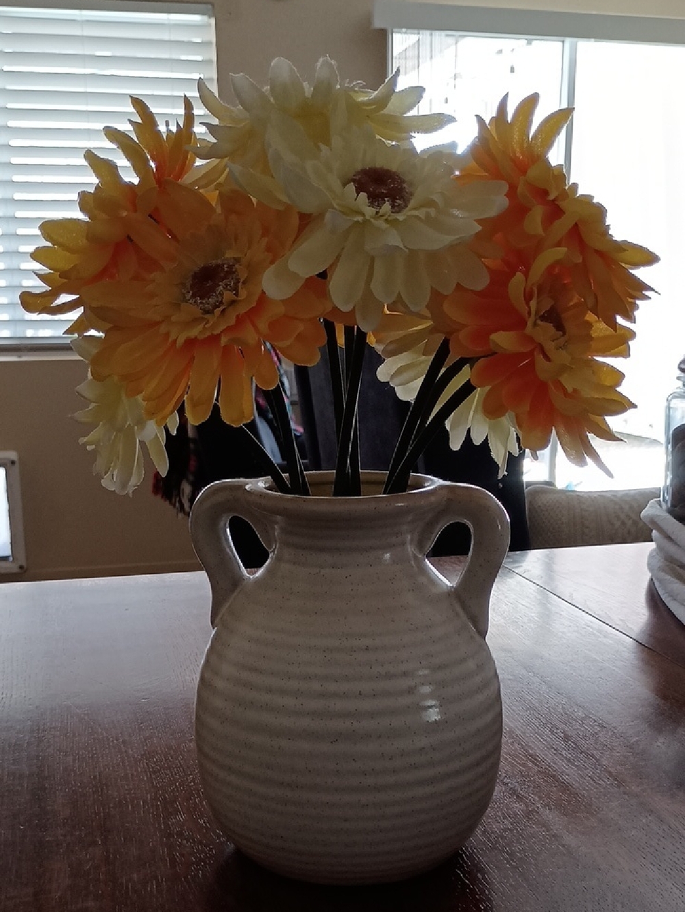 Gerber Daisy Faux Flower Arrangement In Ceramic Container Pot